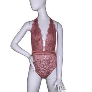 Victoria's Secret NWT Lace Halter Teddy Lingerie Pink & Silver Size M Open Back